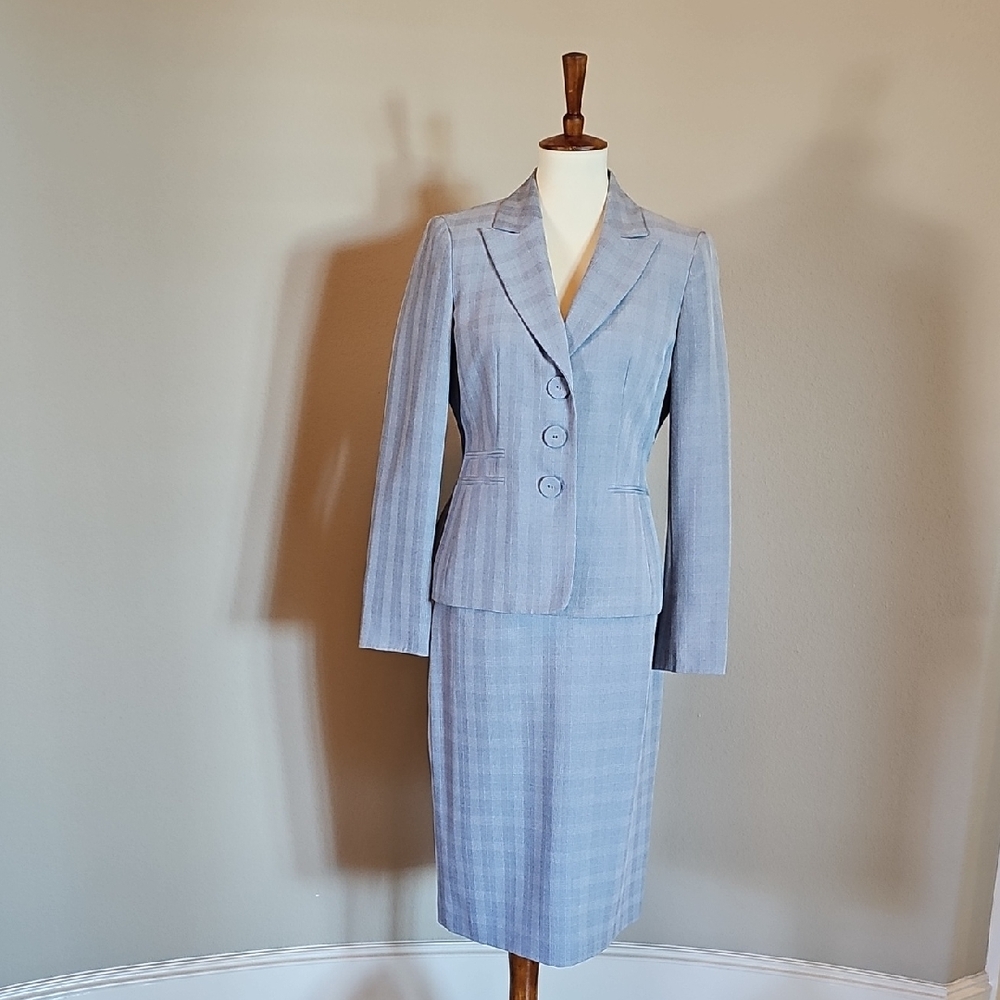 Elegant Light Blue Checkered Ladies Suit
